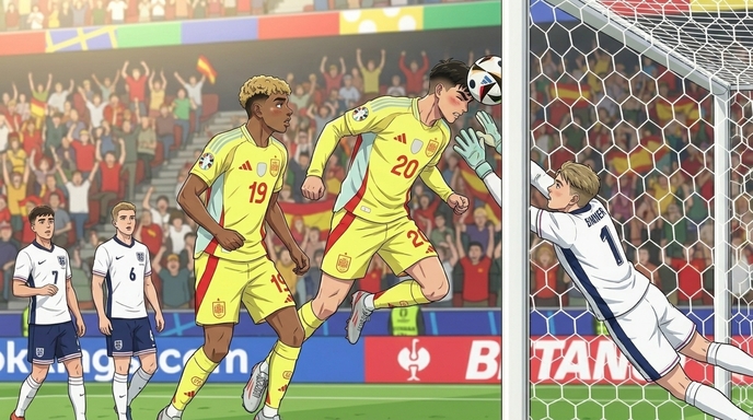 Anime scene of two Spain players in yellow jerseys challenging for a header near the goal, an England goalkeeper diving to save, colorful crowd of fans behind them