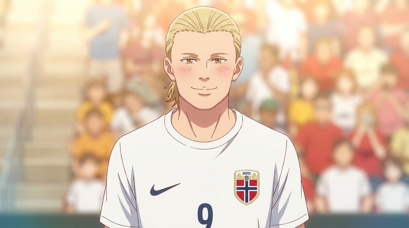 Close-up of an anime blonde soccer player in a white Norway number 9 jersey, warm confident expression, stadium crowd softly blurred in the background