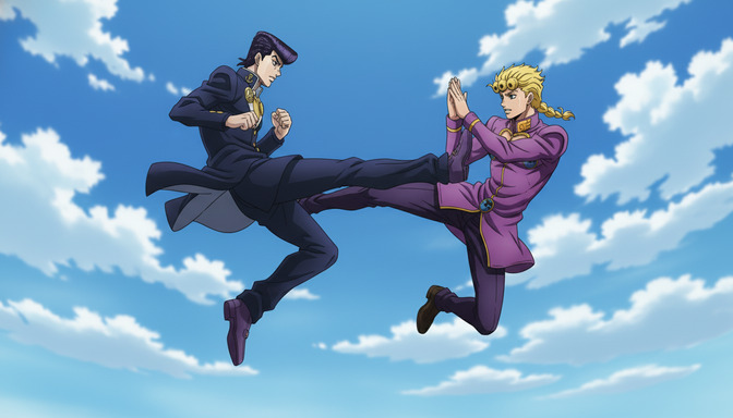 Two anime characters in dramatic mid-air combat above a bright blue sky with clouds — one in a dark navy uniform delivering a flying kick, the other in a purple outfit bracing for impact — the composition clean and cinematic