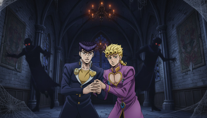 Two anime characters — a boy in a dark navy uniform and a girl in a purple outfit — standing together in a dimly lit gothic hall with spider webs, chandelier glow, and shadowy figures looming behind them