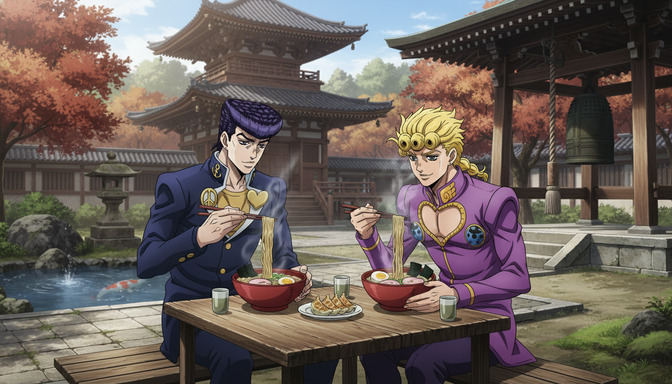 Two anime characters sharing a relaxed ramen meal at an outdoor table surrounded by maple trees in full autumn color, a traditional Japanese temple visible in the background, steam rising from the bowls