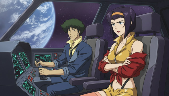 Two anime characters inspired by classic bounty hunters sitting in a spaceship cockpit, looking out at the Earth from orbit, the man with green curly hair and the woman with short purple hair and a yellow outfit