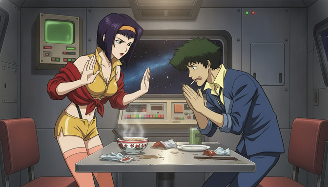 Two fan-made anime characters at a table inside a spacecraft dining area, the woman in a yellow outfit pushing her hands forward in refusal while the man begs with his hands clasped, a bowl of ramen between them