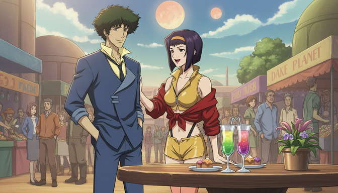 Two fan-made anime characters at an outdoor café table on an alien planet with two moons visible in the sky, colorful drinks between them, a marketplace crowd visible in the background