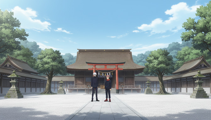 Two anime characters standing in a traditional Japanese shrine courtyard, a red torii gate and main hall visible behind them, stone lanterns flanking the gravel path, open sky above