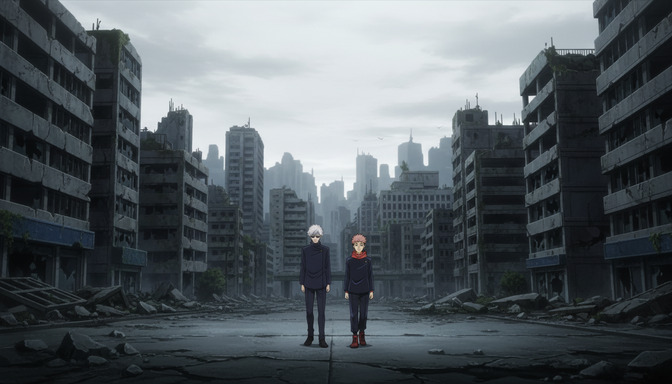 Two anime characters standing in the middle of a devastated post-apocalyptic cityscape, collapsed concrete buildings lining both sides of the road, an overcast sky above, the city ruins extending into the misty background