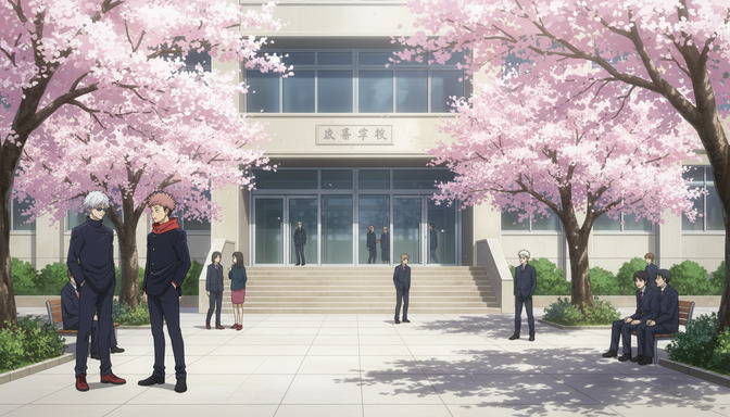 Anime characters in school uniforms gathered near a school entrance surrounded by cherry blossom trees in full bloom, the school facade visible behind them, pink petals falling through the air