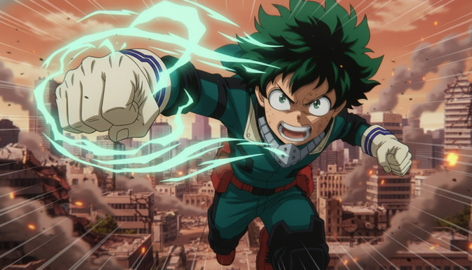 Green-haired anime hero throwing a lightning-charged punch toward the viewer, cyan energy lines radiating outward from his fist, a ruined city skyline and smoke clouds filling the background