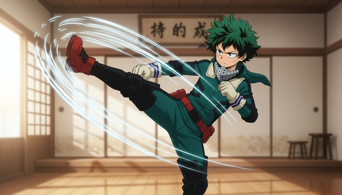 Green-haired anime fighter executing a high kick in a traditional dojo, white curved motion blur lines trailing the arc of the kick from hip level through the apex, warm golden light from shoji screens filling the background