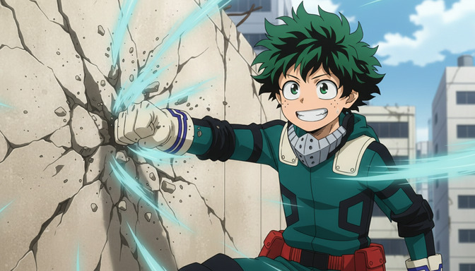 Green-haired anime fighter punching a crumbling concrete wall with cyan energy lines radiating from the fist, cracks spreading outward from the impact point, stone dust in the air, blue sky visible through the building behind him