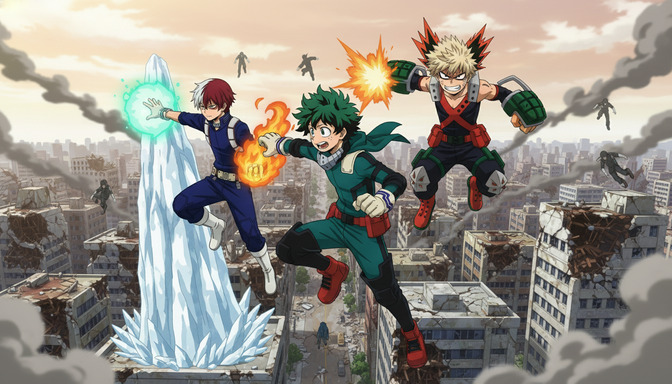 Three anime characters with distinct designs — red and white hair, green spiky hair, and blond spiky hair — fighting together above a destroyed cityscape with fire and explosions in the background