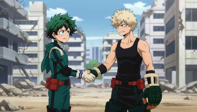 Two anime characters shaking hands — one with green spiky hair in a green hoodie, one with blond spiky hair in a black tank top — in front of ruined buildings with a blue sky behind them