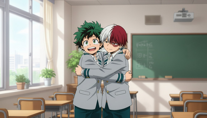 Two anime characters hugging in a bright classroom — one with green spiky hair and freckles, one with red and white hair — with desks, a chalkboard, and large windows in the background