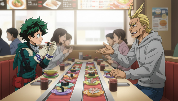Two anime characters sitting across from each other at a sushi conveyor belt restaurant, each occupying their own third of the frame, sushi plates and red lacquer containers between them on the belt