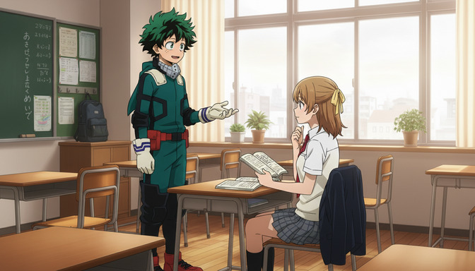 An anime character in a school uniform stands at the right third of an empty classroom speaking to a seated girl at the left, afternoon window light filling the background behind them