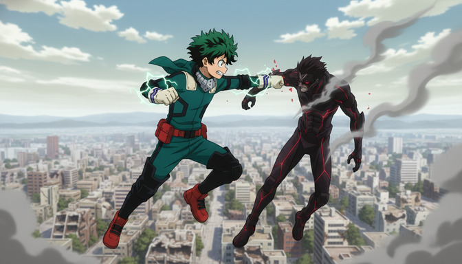 Two anime characters mid-air above a city, a green-haired hero throwing a lightning-charged punch at a dark armored villain, the cityscape spread below them as both figures occupy opposite thirds of the frame