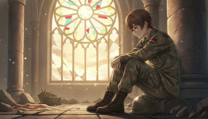 Anime soldier in woodland camouflage sitting alone in a ruined cathedral with stained glass, a cracked helmet at his feet, tear on his cheek, golden light streaming through the window