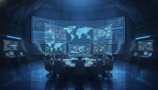 Anime military command center with personnel around a circular table facing holographic tactical displays and a world map on a curved wall