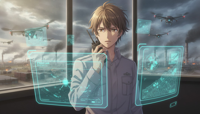 Anime field operator with tactical radio and cyan holographic displays overlooking an industrial complex with smokestacks and military drones