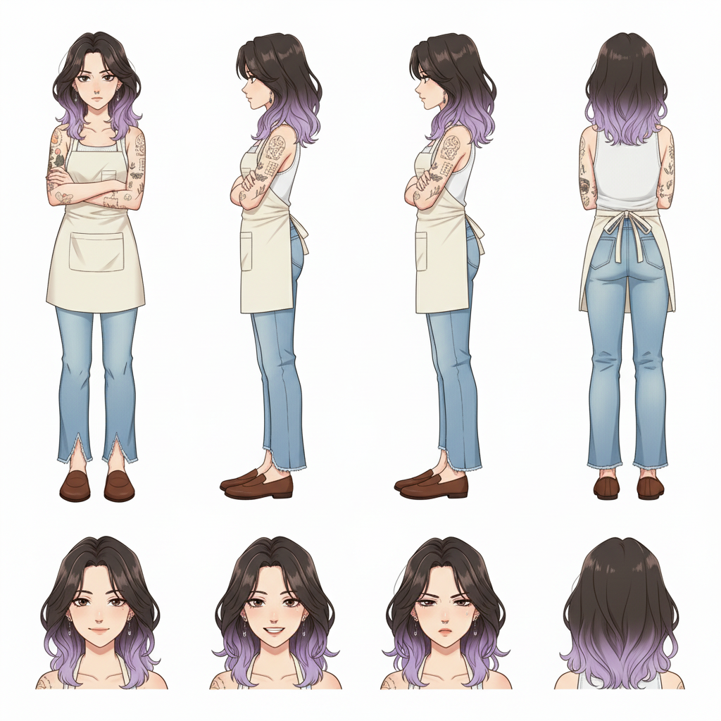 A multi-angle anime character reference sheet showing a tattooed anime girl with dark-to-purple ombre hair and a white apron from front, side, three-quarter, and back views, with four facial expression close-ups along the bottom