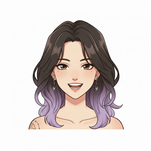 Close-up portrait of an anime girl with dark-to-purple ombre hair, safety pin earrings, and a tattoo visible on her shoulder, smiling warmly against a white background