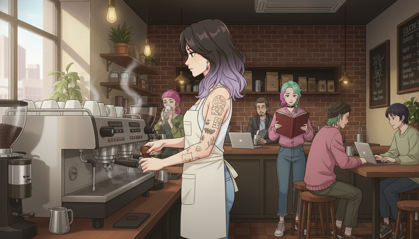 An anime girl with dark-to-purple ombre hair and arm tattoos working an espresso machine at a cozy brick-walled coffee shop, surrounded by customers reading and using laptops