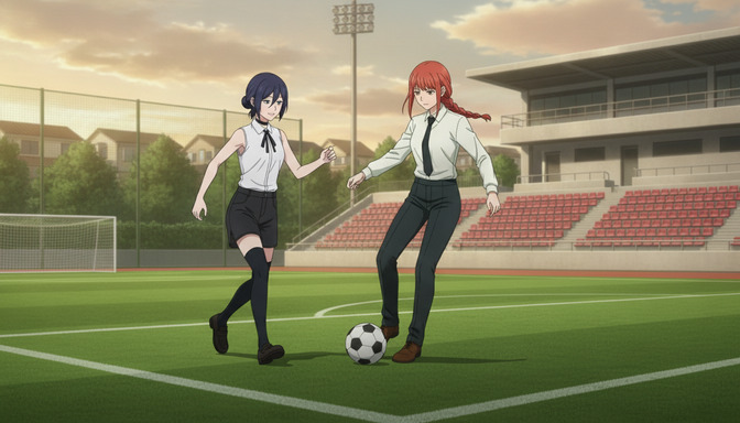 Two anime female characters on a soccer field at sunset, one with dark hair in knee-high socks and one with red braided hair, facing each other with a soccer ball between them near the goal