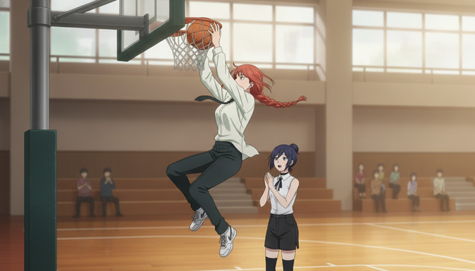 Anime female character with red braided hair dunking a basketball dramatically while a dark-haired teammate watches in surprise in a gymnasium with spectators