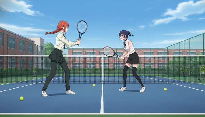 Two anime female characters facing each other across a tennis net, one with red braided hair and one with dark hair in a ponytail, both in ready stance with rackets raised on a blue outdoor court
