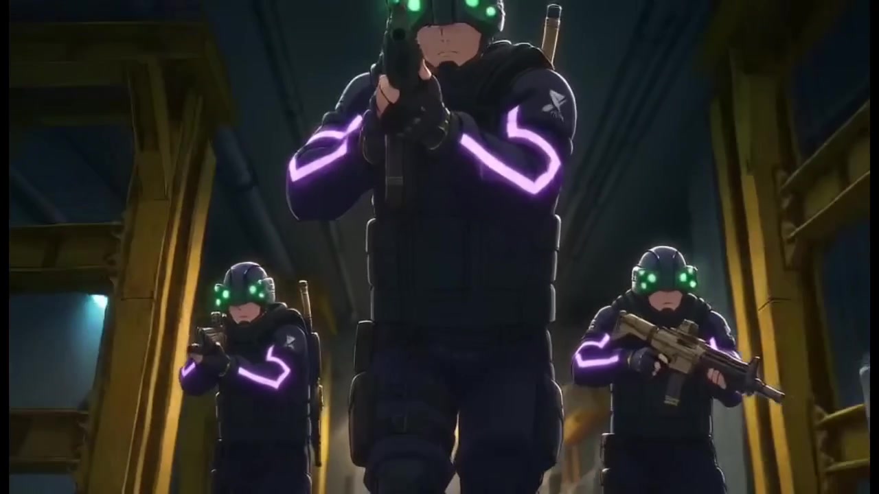 Anime tactical officers raiding a warehouse in a cyberpunk shootout scene