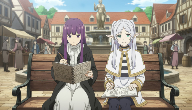 Two anime characters sketching in a town square with a fountain, one with long purple hair in a black coat and one with silver hair in a white uniform with pointed ears
