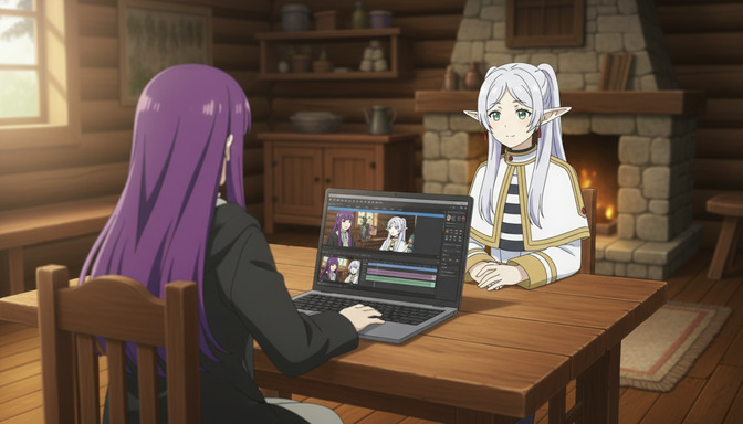 Anime character with purple hair reviewing character references on a laptop while a silver-haired elf character watches from across a wooden table by a fireplace