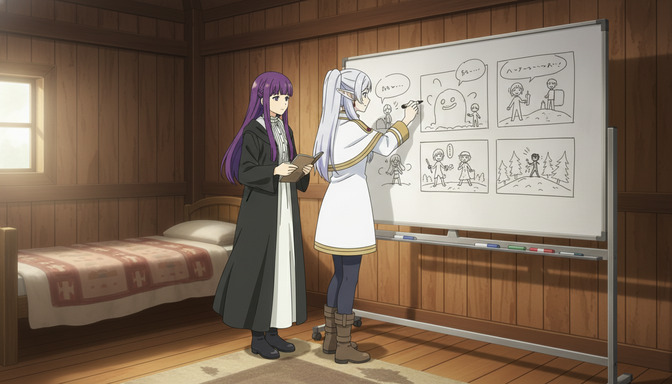 Silver-haired anime character drawing storyboard panels on a whiteboard while the purple-haired character takes notes, in a wooden cabin room