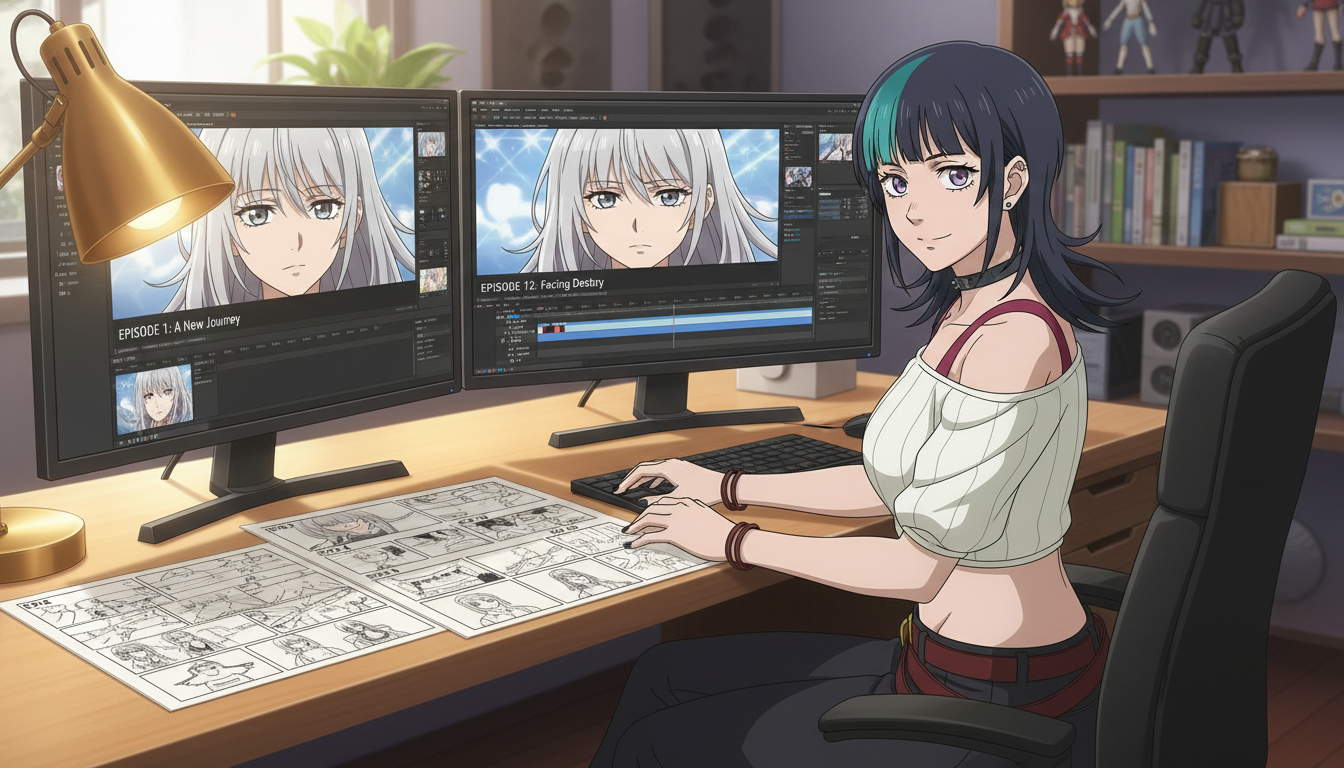 Anime video creator at a desk with dual monitors showing the same silver-haired heroine in episode 1 and episode 12 thumbnails beside a character bible spreadsheet