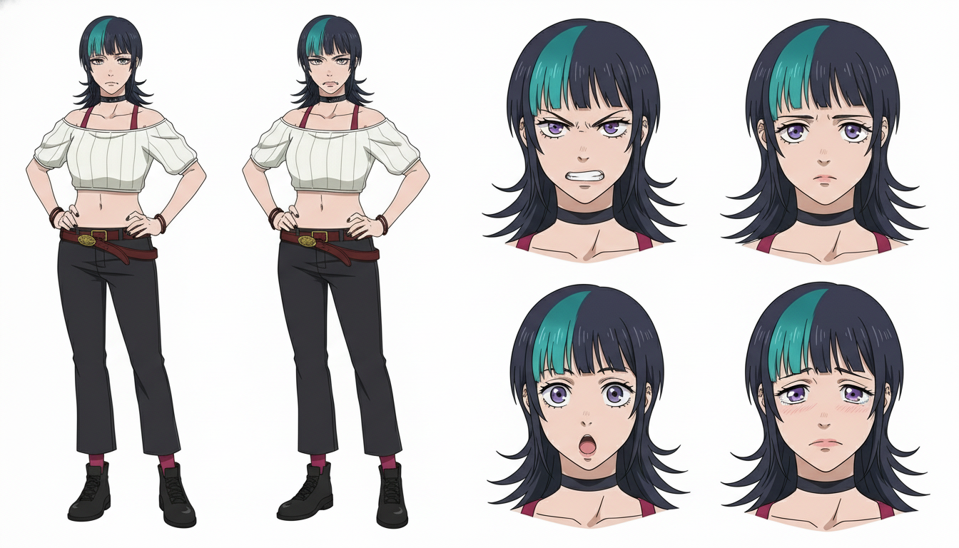 Anime character consistency reference sheet showing the same silver-haired heroine with steel gray eyes in neutral, angry, surprised, and sad expressions