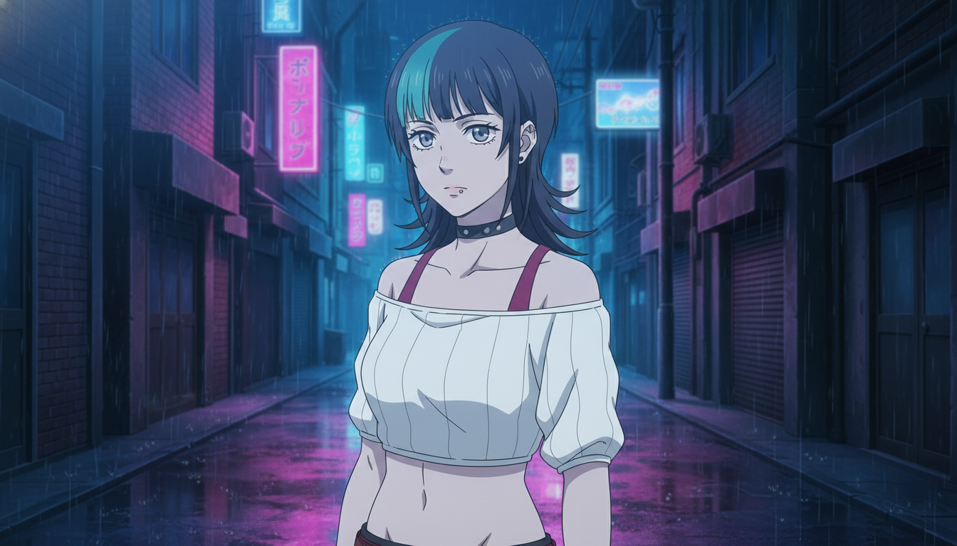Silver-haired anime heroine with steel gray eyes and red scarf in a neon rain alley at night, medium close-up with cool blue cinematic grade