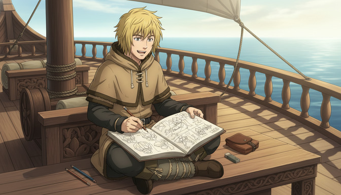 Anime character with blond hair sitting on a ship deck, carefully sketching character designs in a large sketchbook, pencils and an eraser nearby, ocean visible in the background