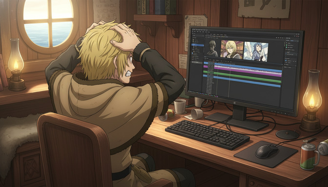 Anime character with blond hair sitting at a wooden desk with hands raised to his head in frustration, looking at a large monitor showing video editing software with anime clips on the timeline, warm lantern light in a cozy cabin-style room