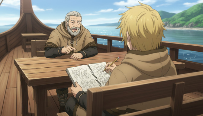 An older anime character with gray hair and a beard sitting across from a younger blond-haired character at a wooden table on a ship deck, both engaged in conversation with a sketchbook between them, green hills visible across the water