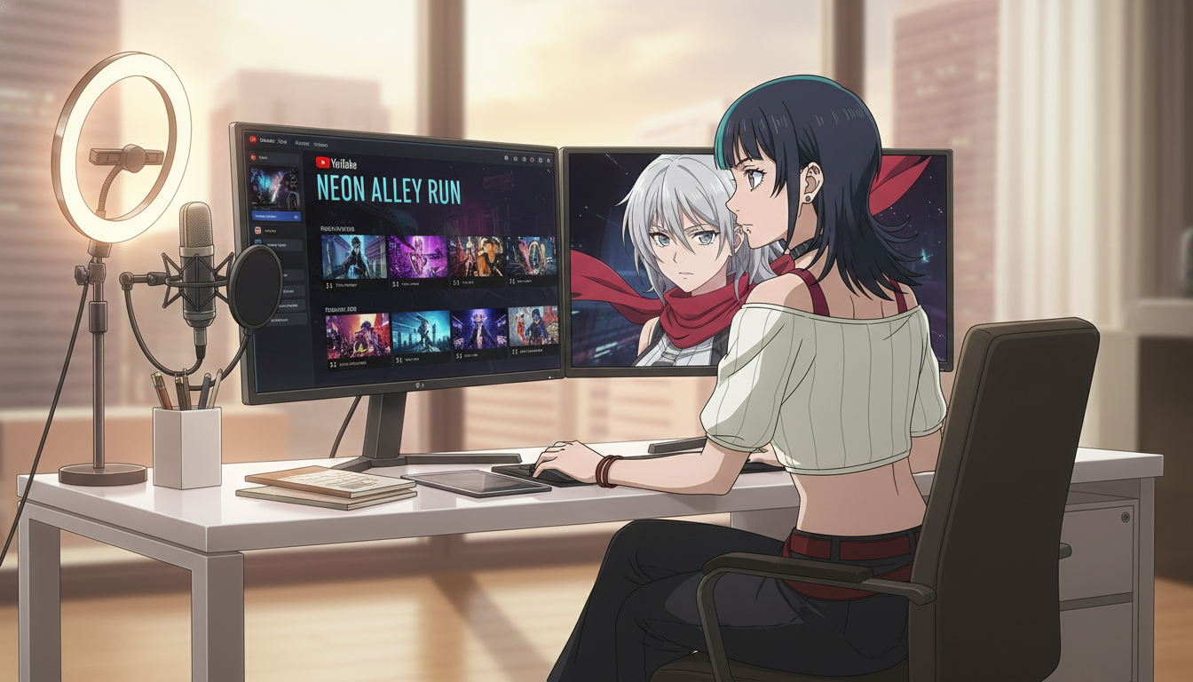 Anime video creator at a desk with dual monitors showing a YouTube series playlist and matching episode thumbnails featuring the same silver-haired heroine