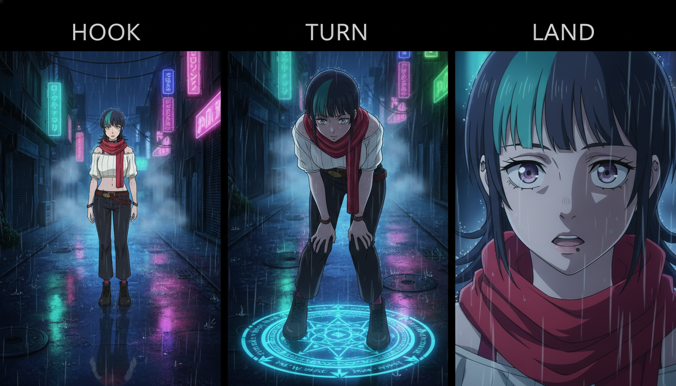 Three-panel anime storyboard labeled HOOK, TURN, and LAND showing the same silver-haired heroine in a neon rain alley sequence