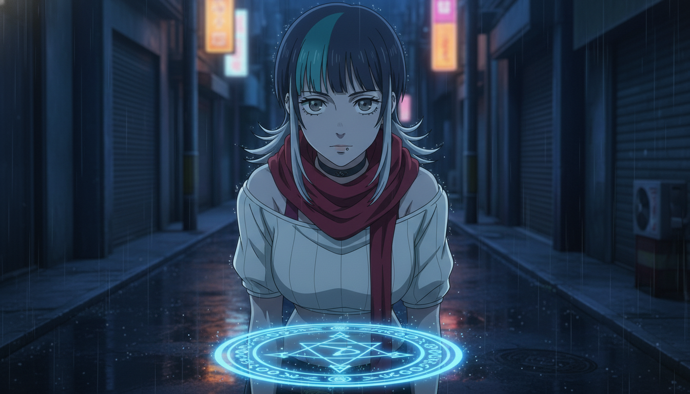 Silver-haired anime heroine with steel gray eyes and red scarf in a neon rain alley at night, dramatic medium close-up for a YouTube Shorts hook frame