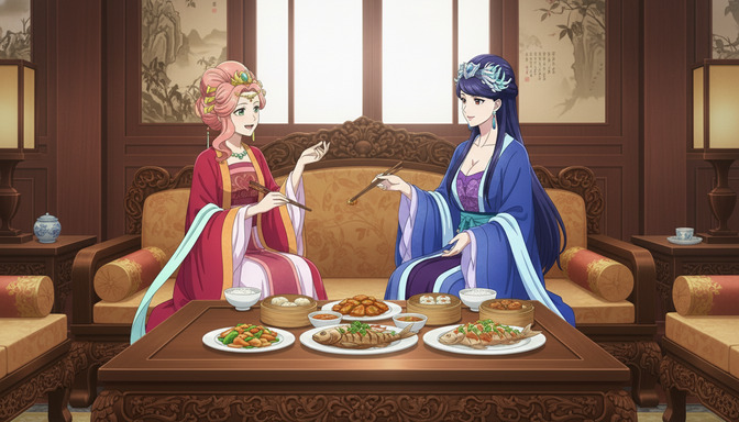 Two anime women in traditional hanfu robes sharing a meal at a carved wooden table — one in crimson with pink upswept hair, one in cobalt blue with long dark hair — consistent character design across a richly detailed interior scene