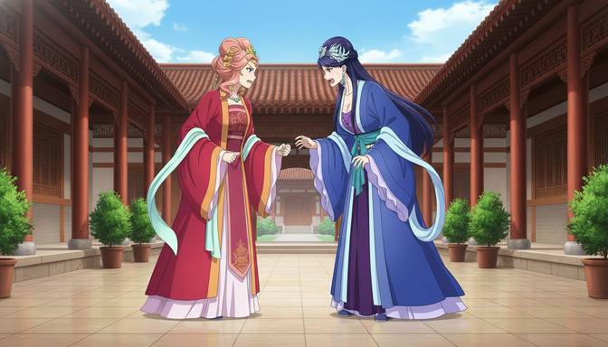 The same two anime characters in a sunlit traditional courtyard — the crimson-robed woman and cobalt-robed woman facing each other in a moment of dramatic confrontation, the architecture and sky framing them symmetrically