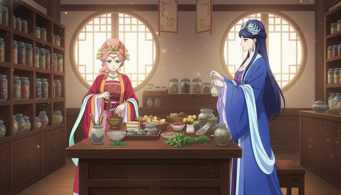 The same two hanfu-clad anime characters in a warmly lit traditional medicine shop — the crimson-robed woman working at a table with herbs, the blue-robed woman standing and observing — identical designs to the dining scene