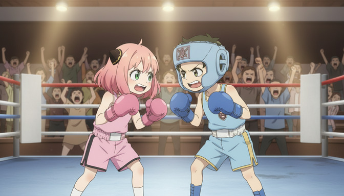 Two anime characters sparring in a boxing ring — a girl with pink hair in a pink outfit and a boy with green hair in blue gear, cheering crowd behind them