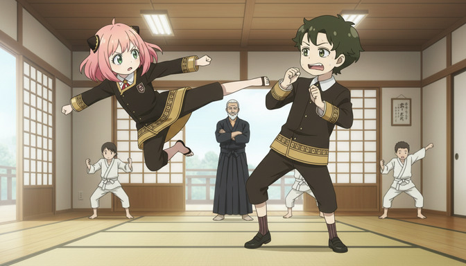 Two anime characters in a traditional dojo — a pink-haired girl mid-flying kick and a green-haired boy in defensive stance, an elderly sensei watching behind them