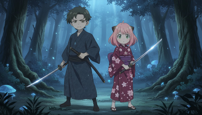 Two anime characters in a dark glowing forest — a boy in a dark blue kimono and a girl in a red floral yukata, both holding katanas, bioluminescent mushrooms surrounding them