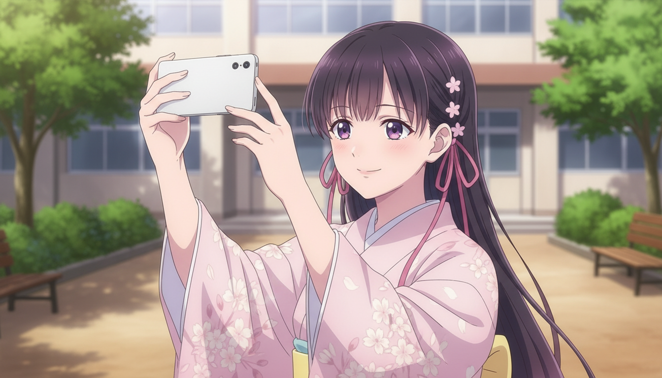 An anime girl in a floral pink kimono with long dark hair taking a selfie with her phone in a sunlit school courtyard, representing an anime version of yourself for social media
