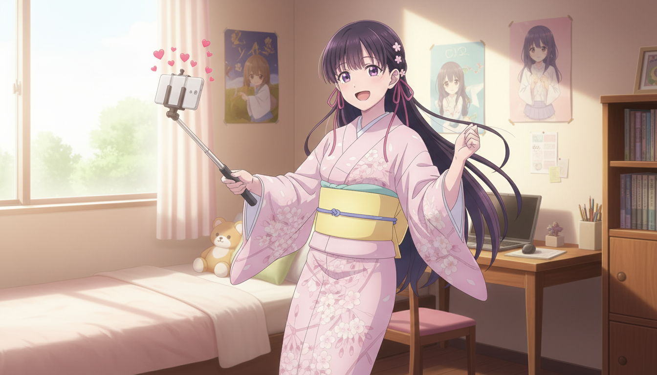 An anime girl in a pink floral kimono using a selfie stick in her bedroom with anime posters on the wall, capturing content for social media